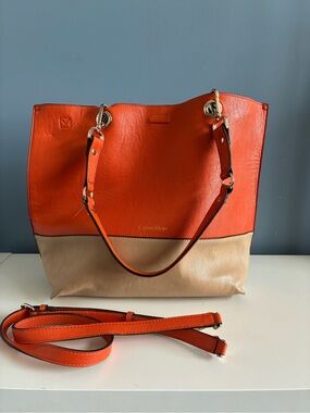 Calvin Klein Orange and Beige Leather-Style Two-Tone Tote